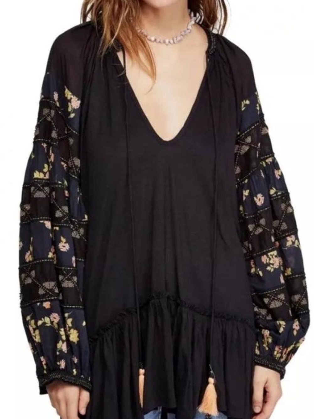 Free People Black & floral Oversized Boho Tunic Top with Ballon Sleeves Size S